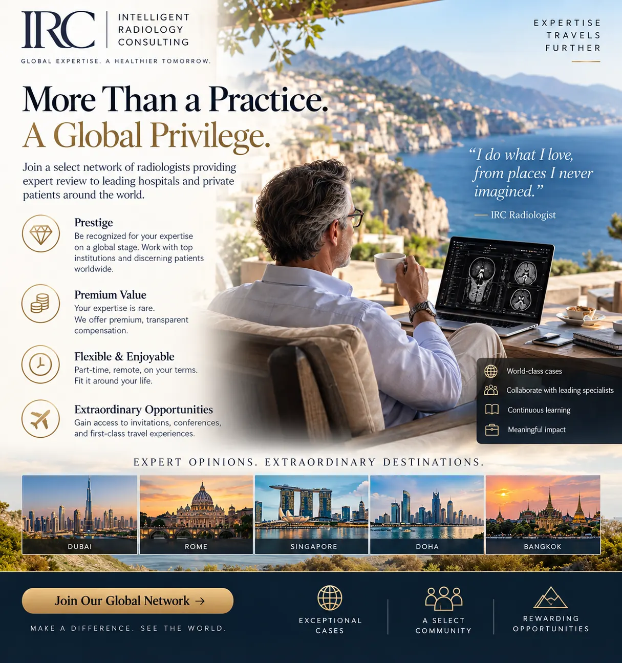 Experienced radiologist reviewing medical imaging from a luxury coastal setting.