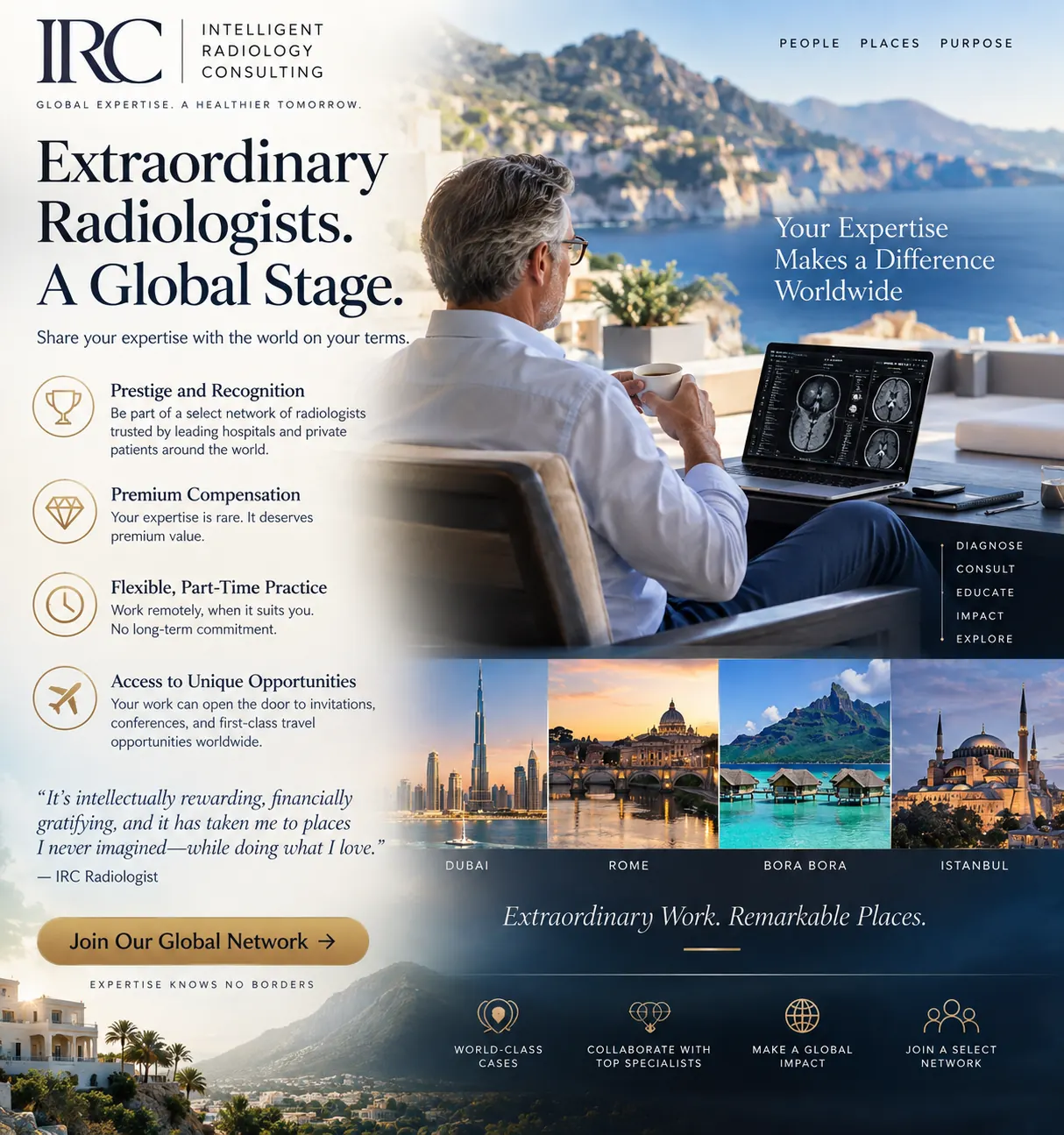 Experienced radiologist reviewing medical imaging from a luxury coastal setting.